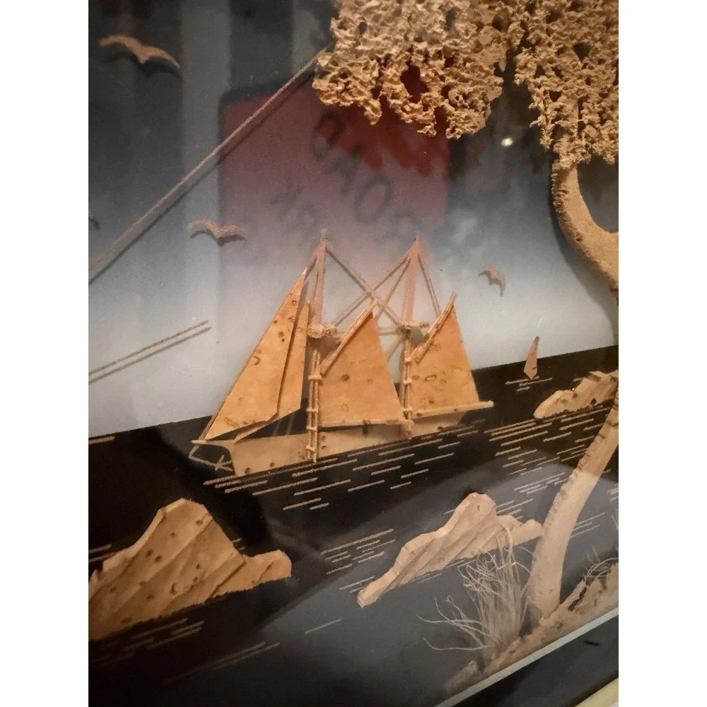Carved Cork Asian Scene Framed Artwork Birds, Tree, Sailboat, Water